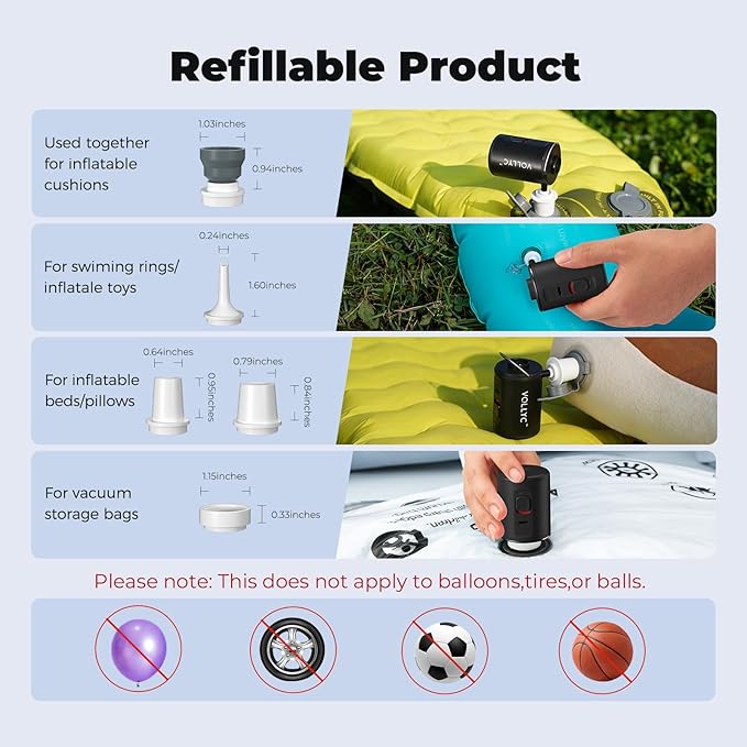 Portable Air Pump for Inflatables, VOLLYC Electric Mini Air Mattress Pump with USB Rechargeable to Inflate/Deflate - Perfect for Camping, Pool Floats, Air Mattress, Vacuum Storage Bags