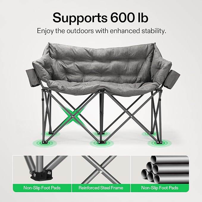 VIVOSUN Double Camping Chair, Fully Padded Folding Loveseat, Oversized Duo Chair with Cup & Wine Glass Holders, Pocket, Armrests & Carry Bag