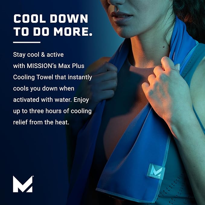 Mission Max Plus Cooling Towel, Mission Blue/Alloy - Soft, Durable Microfiber - Cools Up to 3 Hours - UPF 50 Sun Protection - Machine Washable