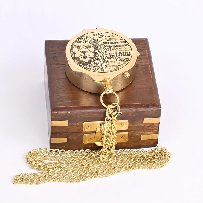 Brass Compass Engraved with Religious Scripture Verse (Joshua 1:9) - Perfect for Baptism, Confirmation, Communion - Ideal for Godson, Church, Graduation - Presented in Wood Box