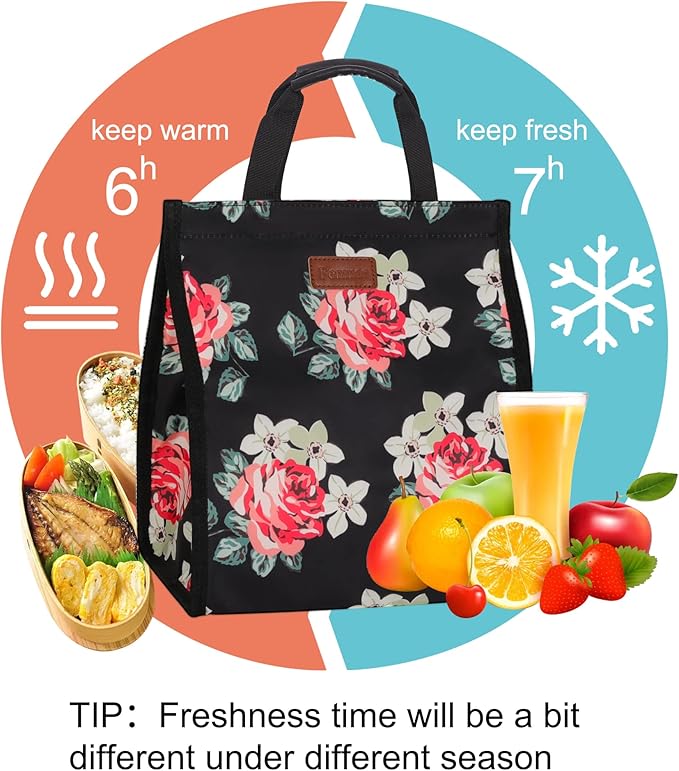 Lunch Bags for Women Insulated Reusable Lunch Tote with Internal Pocket, Lunch Tote bag for Work (Flower)