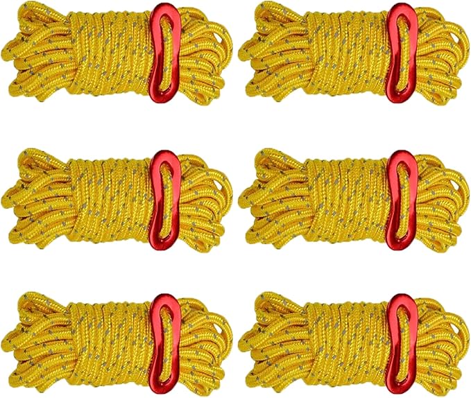6 Pack 4mm Outdoor Guy Lines Tent Cords Reflective Canopy Wind Rope Lightweight Camping Rope with Aluminum Guylines Adjuster for Tent Tarp, Canopy Shelter, Camping, Hiking, Backpacking (yellow)