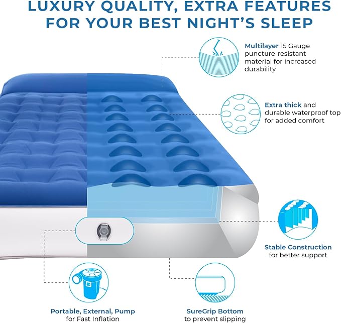 SoundAsleep Dream Series Big Kids Air Mattress with High Speed External Pump - Portable, Blow up Bed for Big Kids - Inflatable Air Mattress for Home and Camping