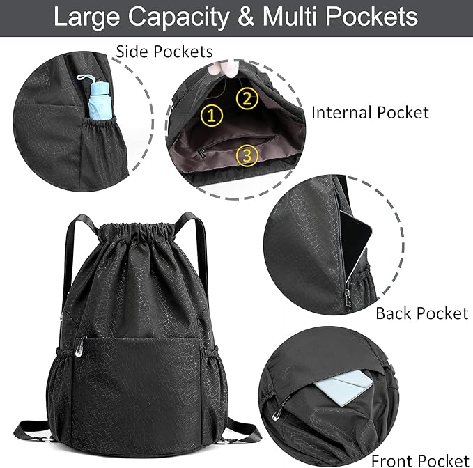 Drawstring Backpack Sports Yoga Sackpack for Women Men Waterproof Nylon Gym Sack DayPack with Multi Pockets (Black)