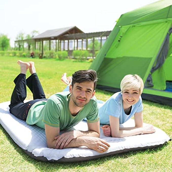 KingCamp 2 Person Self Inflating Double Insulated Pad Camping Mattress for Tent, Cot, Traveling, and Hiking Deluxe Series, Light Gray/Charcoal