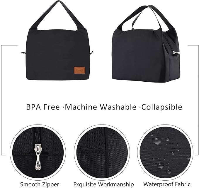Aosbos Black Lunch Bag Women Insulated Lunch Box for Women Lunch Bags for Adult Lunchbox Lunch Tote Bento Box Cooler Bag for Work Office Picnic Loncheras Para Hombres Mujer
