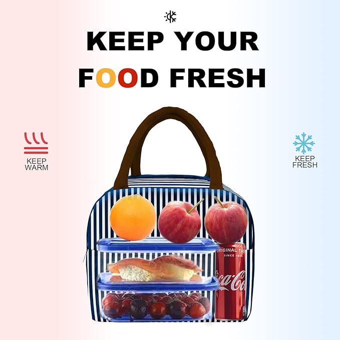 Sonuimy Insulated Lunch Bag Women, Reusable Cute Tote Lunch Box for Men & Adult, Leakproof Cooler Lunch Bags for Work Office Travel Picnic (Navy White Strip)
