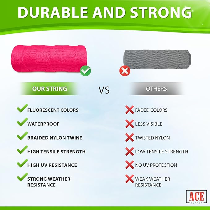 Fluorescent Pink Mason Line String Line - #18 Braided Nylon String - 250 Ft Length - Nylon Twine for Gardening Or Masonry Tools - Perfect Construction String for A String Level, Twine String