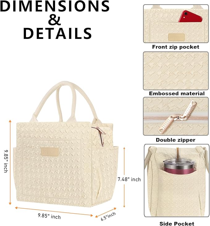Joymee Lunch Bag Women Insulated Lunch Box Reusable Leakproof Large Spacious Cooler Tote for Women Men Adult with Bottle Holder and Side Pockets for Work Office Travel Picnic - B-Beige