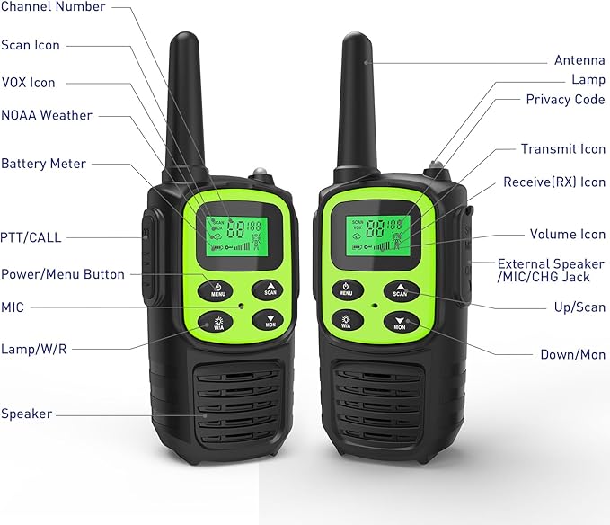 Rechargeable Walkie Talkies,Fvamom Walkies Talkies for Adults with 22 Channels,Long Range Walkie Talkies with NOAA Weather Channels,VOX LCD Display LED Flashlight (Green)