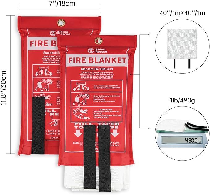 RHINO RESCUE Fire Blanket, 40''×40'' Fiberglass Emergency Fireproof Gear, Flame Retardant Protection for Home, Kitchen, Camping, Hiking, 4 Count