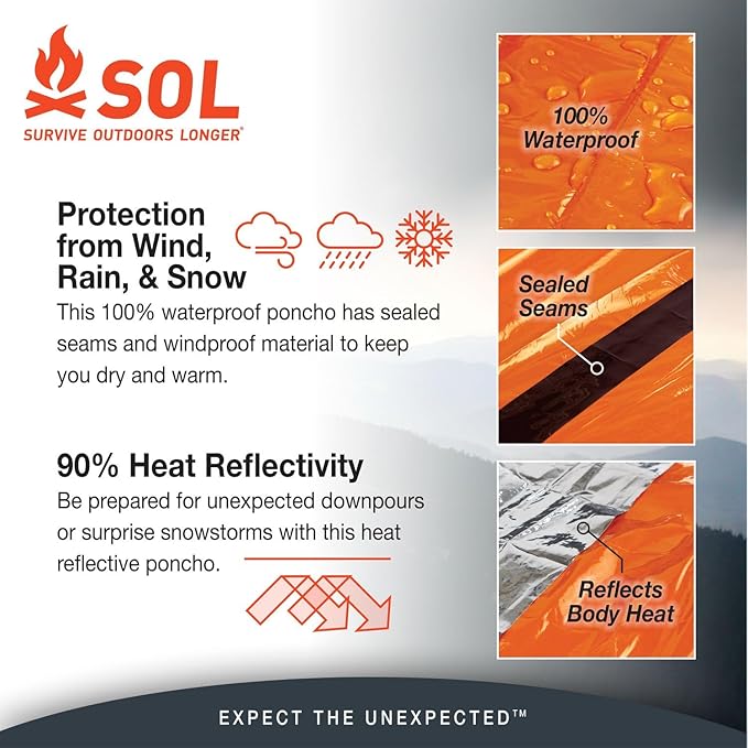 S.O.L. Survive Outdoors Longer S.O.L. Heat Reflective Waterproof Poncho (3 Pack)