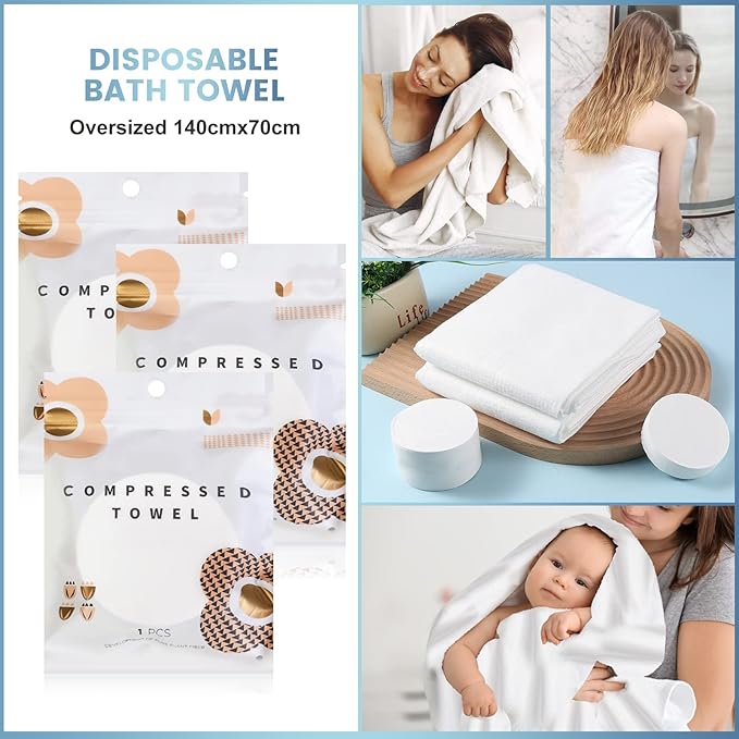 GXF 3 Packs Compressed Bath Towel Tablets, 56'' x 28'' Pure Cotton Portable Disposable Hypoallergenic Dehydrated Expandable Compact Compressed Towels Washcloths for Camping Swimming Traveling Hiking