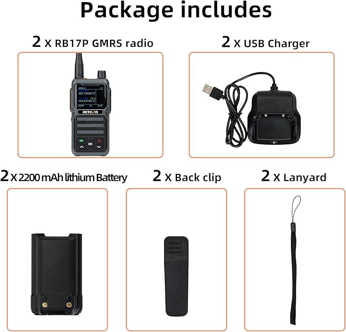 Retevis RB17P GMRS Handheld Radio,30 CH Long Range Walkie Talkie for Adults,SOS Siren,NOAA Weather Receiver Scan,2200mAh Rechargeable Two Way Radios for Off Road Camping Hiking (2 Pack)