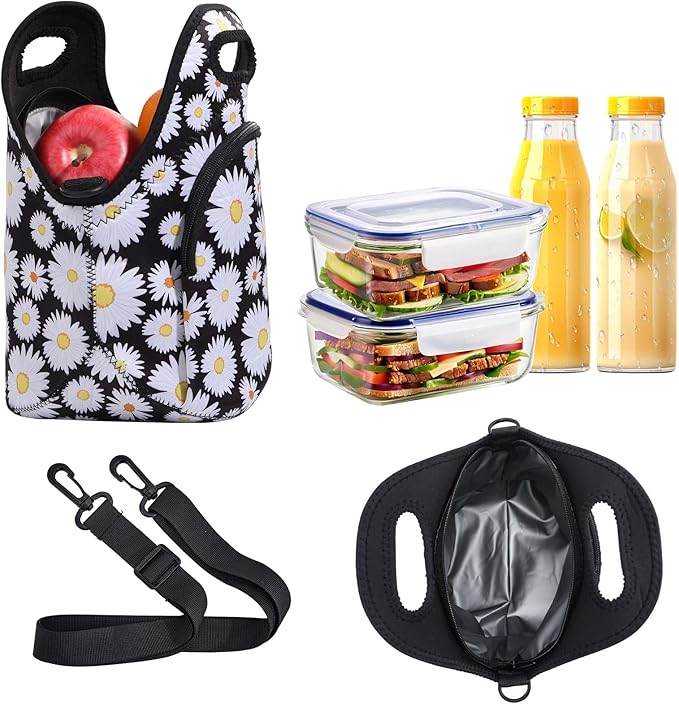 Neoprene Lunch Bag, Thermal Insulated Lunch Tote Bag with Detachable Shoulder Straps, Lightweight & Reusable Lunch Bag for Women Men
