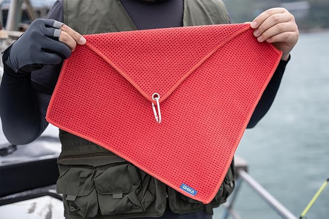Microfiber Fishing Towels with Clip, Waffle Pattern for Effective Cleaning of Fishing Gears or Dirty Hands, 16” x 16”, Camping Towels, Hiking Towels, Pack of 3 (Red)