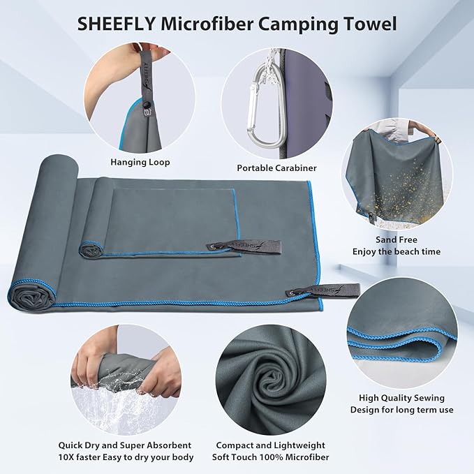 SHEEFLY Microfiber Camping Towel,Quick Dry Towel for Camping,Super Absorbent Ultra Soft Compact Lightweight Travel Towel Fast Dry Small Microfiber Towels for Body,Backpack,Fitness,Beach,Gym,Sport