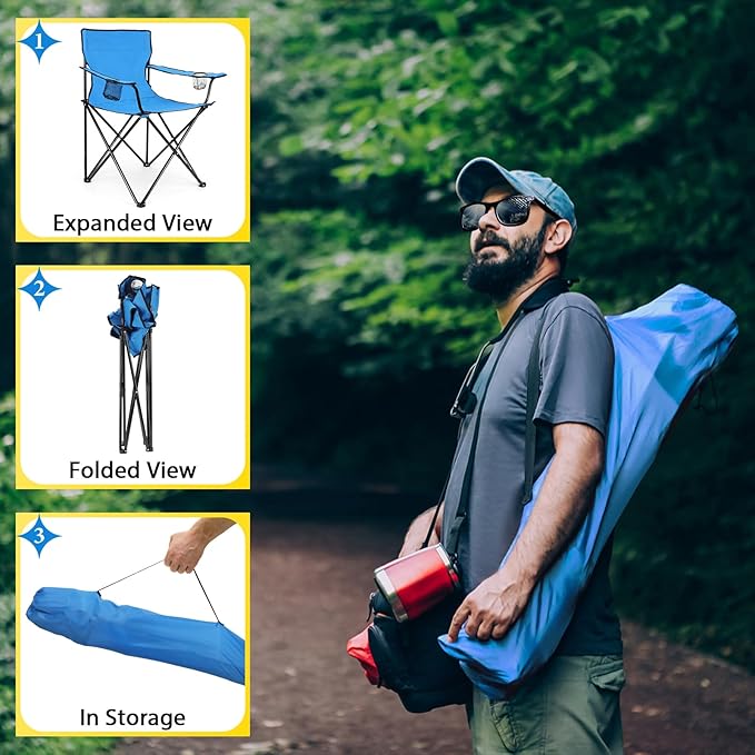 HaSteeL Folding Camping Chair & Carrying Bag, Foldable Camp Chair with Cup Holders for Adults, Portable for Lawn, Outdoors, Fishing, Hiking, Travel, Picnic, Beach, Oversized & Supports 275lbs (Blue)