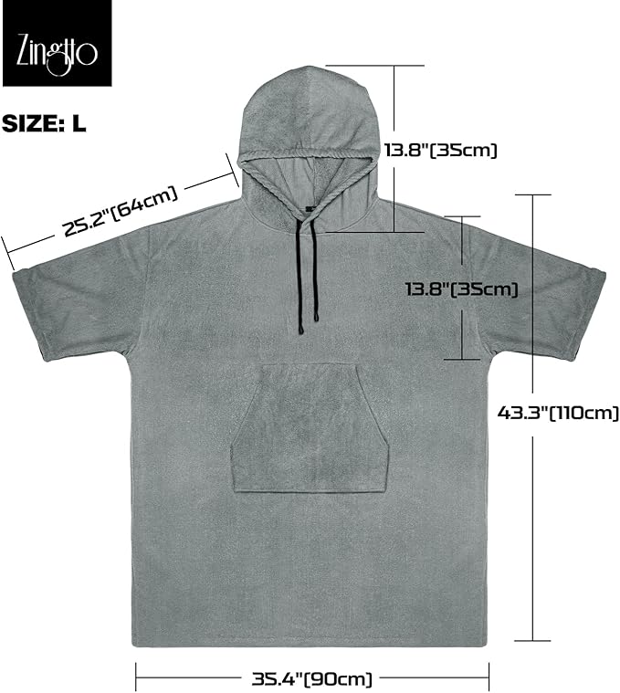 Surf Poncho Changing Robe, 3/4 Sleeve Extra Large Thick Hoodie Towel Poncho for Men Women Beach Swimming, 43" x 35", Gray