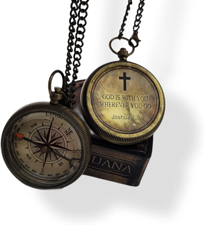 Brass Compass Unique Print 'GOD is with Yout' Engraved Compass with Leather Case and Chain A Great Gift Item for Your Loved Ones