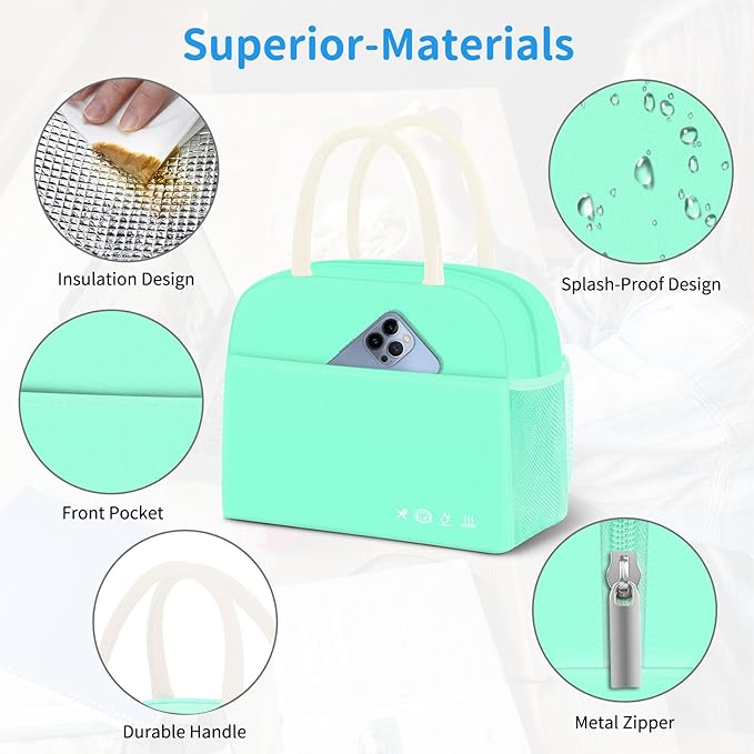 Lunch Bag Women, Lunch Box for Women Men Reusable Insulated Lunch Tote Bag,Food Handbags Case High Capacity for Travel Work Picnic Beach,Mint Green