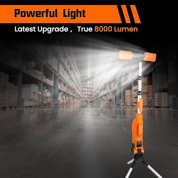 Rechargeable Cordless LED Work Light with Stand 8000 Lumen Portable LED Portable Job Site Lighting Dimmable Led Work Light for Indoor/Outdoor Lighting(Orange)