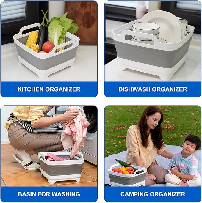 Collapsible Dish Basin Foldable Kitchen Sink With Drain Plug Plastic Laundry Tub 9L/2.4Gal RV & Camping Wash Basin Space-Saving Bottle Washing Sink(Gray)