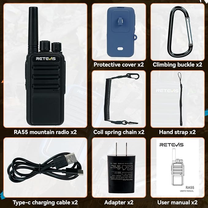 Retevis RA55 Mountain Radios, 148g Noise Reduction 2 Way Radio, 1200mAh Rocky Walkie Talkies Long Range, Carabiner Clip, Rechargeable Two Way Radios for Mountaineering, Climbing, Camping 2 Pcs