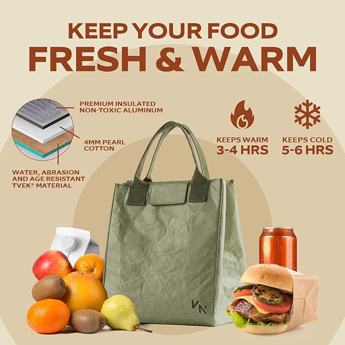 VonNova Insulated Lunch Box for Women, 7L Capacity, Leakproof Lunch Tote Bag, Durable Lunchbox made from Tyvek Material, Adult Cooler Bag for Work, Picnic, Travel and more (Olive Green)