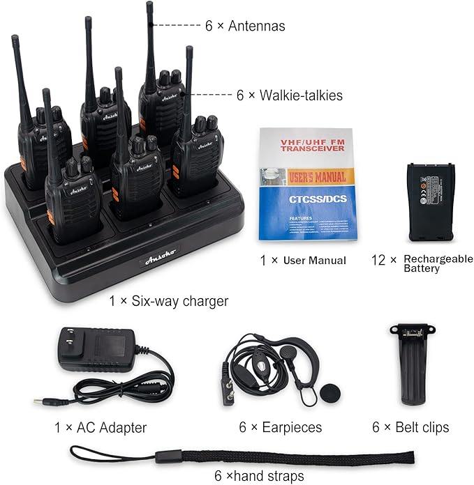 Walkie Talkies for Adults Long Range Rechargeable 2-Way Radio Walkie Talkie with 6-Bank Gang Charger and Spare Batteries (6 Pack)