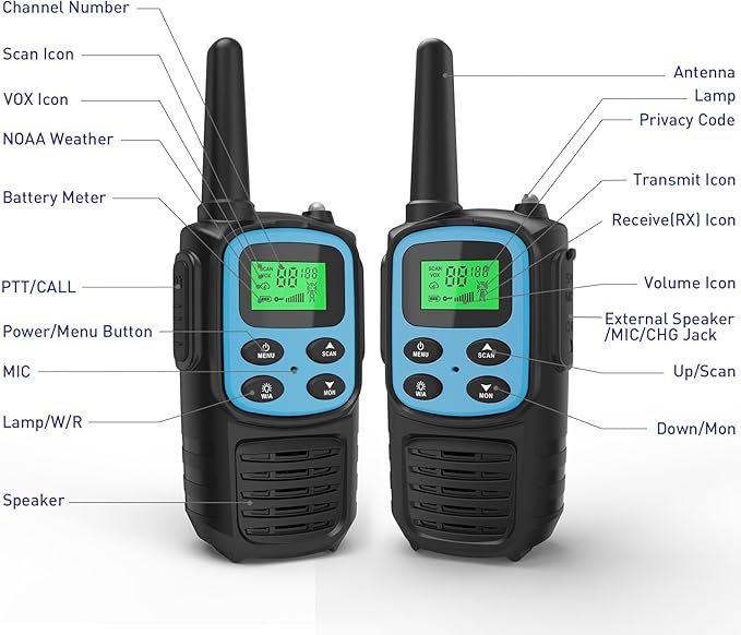 Rechargeable Walkie Talkies,Fvamom Walkies Talkies for Adults with 22 Channels,Long Range Walkie Talkies with NOAA Weather Channels,VOX LCD Display LED Flashlight (Blue)