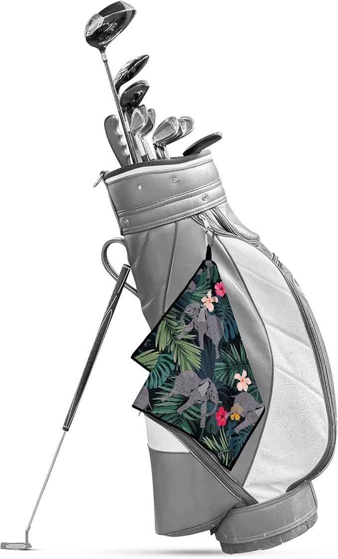 Microfiber Golf Towel Tropical Rainforest Elephant with Palm Leaves Quick-Drying Portable Towel for Yoga Workout & Golf Sport