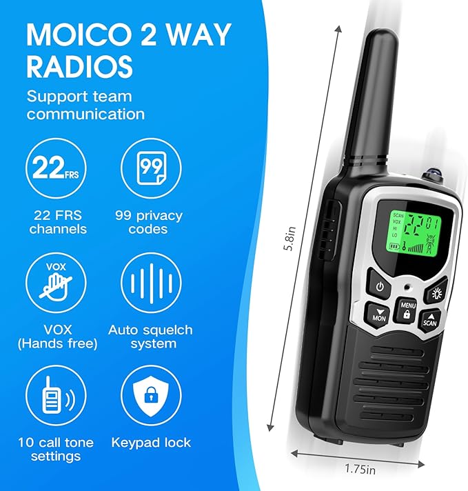 Walkie Talkies,MOICO Long Range Walkie Talkies for Adults Two-Way Radios with 22 Channels FRS VOX Scan LCD Display with LED Flashlight for Field, Survival Biking Hiking Camping 2 Pack (Silver)