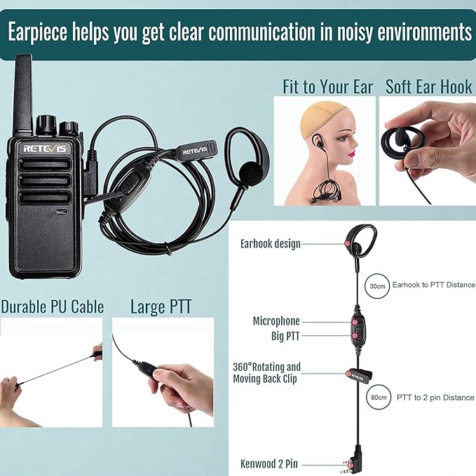 Retevis RT68 Walkie Talkies with Earpiece, Portable FRS Two-Way Radios Rechargeable, with 6 Way Multi Unit Charger, Hands Free, Long Range, Rugged 2 Way Radios 6 Pack for Adults School Church