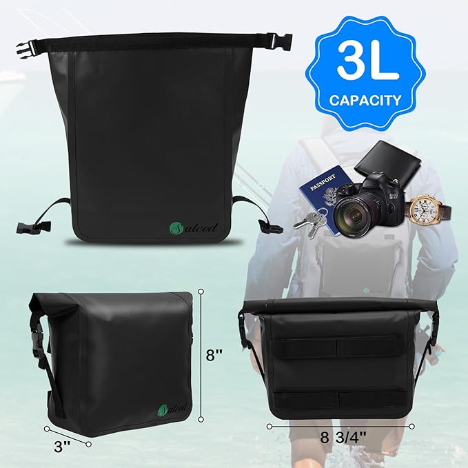 MOLLE Waterproof Dry Bag Compatible with YETI Bags, 3L Capacity Roll Top Dry Storage Bag Keeps Items Dry for Kayaking, Boating, Camping, Hiking, Fishing, Black