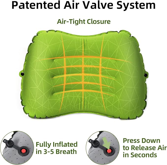 Camping Pillow - Inflatable Pillow - Travel Pillows for Backpacking & Airplane, Lumbar Support 2.0 Blow Up Pillows, Ultralight Compressible, Comfortable, Ergonomic Pillows (Light Green)