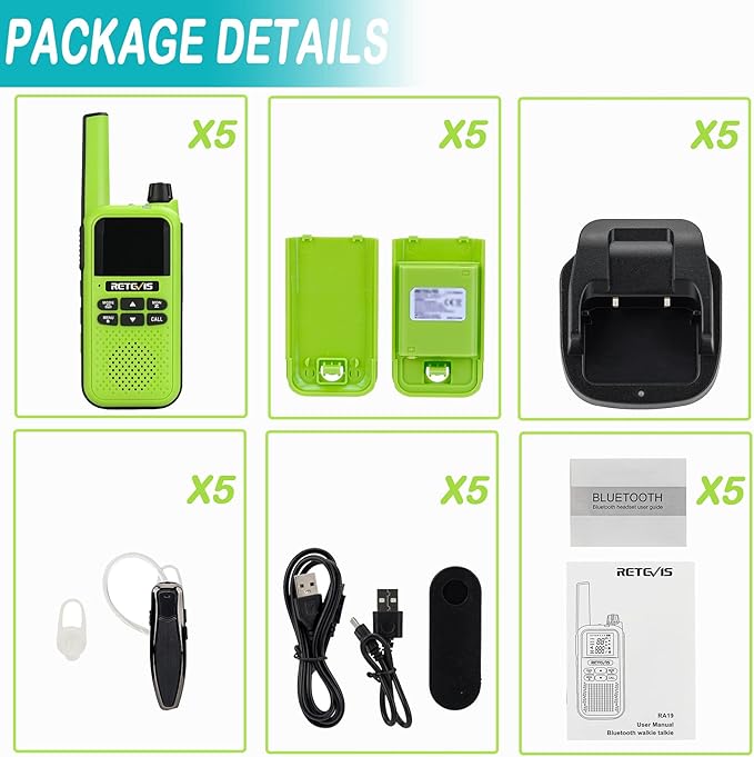 Retevis RA19 Bluetooth Walkie Talkies Rechargeable, Long Range Two Way Radio,NOAA 1400mAh Battery with Wireless Bluetooth Headset for Riding Outdoor Adventure Team(Green,5 Pcs)