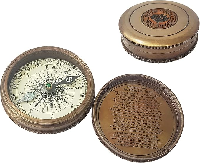 Brass Nautical 2'' Compass Replica Brass Pocket Transit Compass Robert Frost Poem Pocket Compass