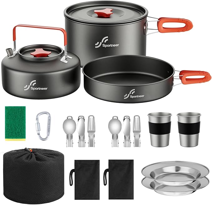 Sportneer Camping Cookware, Non-Stick Lightweight Pots Pan Set with Stainless Steel Cups Plates Forks Knives Spoons for Camping, Backpacking, Outdoor Cooking and Picnic