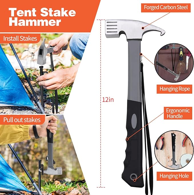 8pcs Tent Stakes and Hammer Set, 12in Heavy Duty Forged Steel Tent Stakes + Camping Hammer + Storage Pouch, Available in Rocky Place (8pcs 12in Stake+Hammer)