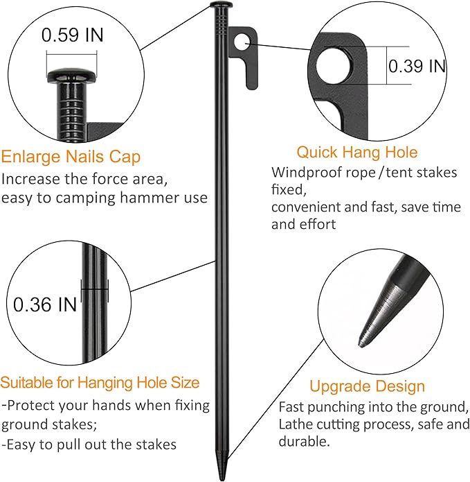 8 Pack Tent Stakes Heavy Duty Metal Tent Pegs for Camping Steel Tent Stakes 8 inch Unbreakable and Inflexible