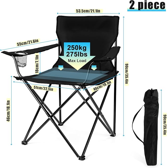 HaSteeL Foldable Camping Chair Set of 2, Folding Camp Chairs for Adults, Large Portable Lawn Chair for Outdoors Fishing, Hiking, Travel, Picnic, Beach, Supports 275lbs & Include Storage Bags (Black)