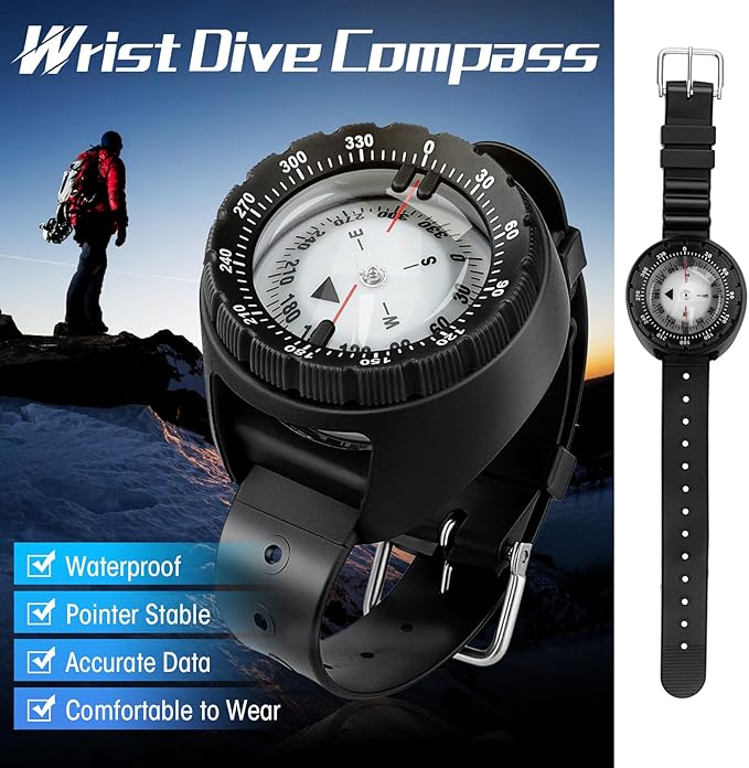 Scuba Compass, Professional Waterproof 5ATM Dive Wrist Compass with TPU Band for Outdoor Sports Diving, Sailing, Hiking, Survival Emergency