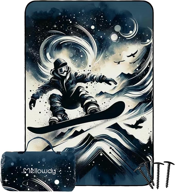 Mellowdy Companion Outdoor Printing Blanket Waterproof, Wind-Resistant, Utility Blanket for Camping, Picnic, Stadium, Beach, Gameday, Travel, Foldable with Carrying Bag(Snowboarder Painting,55x80)