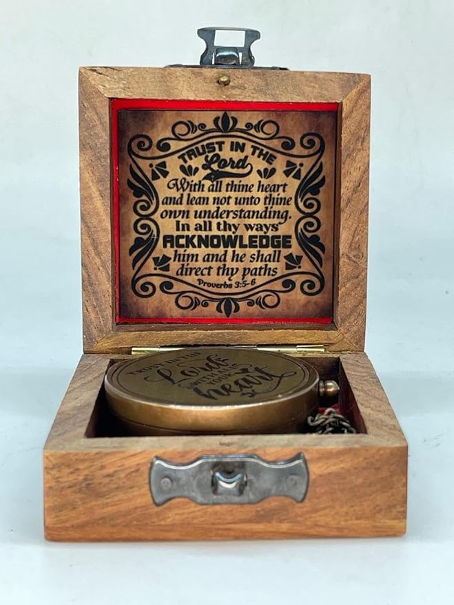 Brass Compass Engraved “Trust in The Loard” Compass is Unique Birthday Gifts for Men, Husband or Wife Customize Antique Compass is a Classy Gifts, with a Wooden Box.