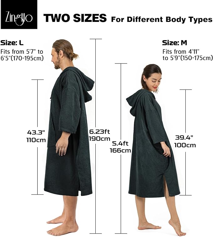 Surf Poncho Changing Robe, 3/4 Sleeve Extra Large Thick Hoodie Towel Poncho for Men Women Beach Swimming, 39"x33", Black