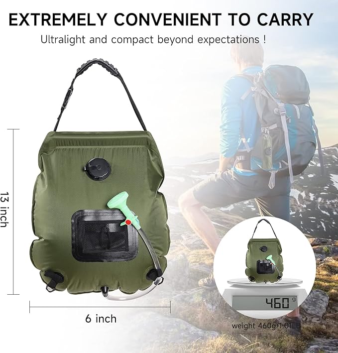 Unniweei Solar Portable Shower Bag, 5 Gal/20L Solar Heating Camping Shower Bag with Removable Hose&On-Off Switchable Shower Head, Compact Camping Shower for Camping, Hiking, Traveling, Beach Swimming