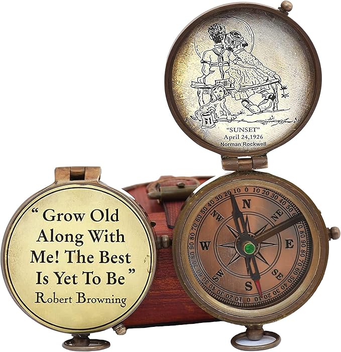 Grow Old Along with me Engraved Compass with Norman Rockwell Sunset Engraving, Valentine Gift, Birthday, Long Distance, Love, Sorry, Keepsakes, Old Memories