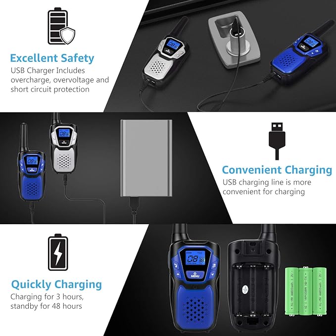Walkie Talkies Rechargeable, 4 Pack Easy to Use Long Range Walky Talky for Adult Handheld Two Way Radio with NOAA for Hiking Camping (2Blue & 2Silver with Micro-USB Charger/Battery/Lanyard)