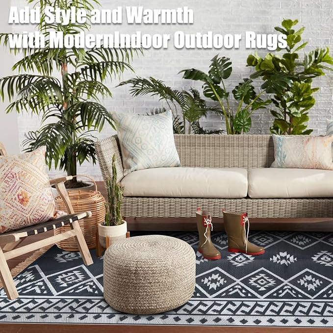 LILIOFFIC Outdoor Rug 9x12 ft, Waterproof Outdoor Plastic Straw Rug for Camping, Large RV Mat Outside, Outdoor Carpet for Deck, Backyard, Balcony, Picnic, with 4 Stakes, Grey